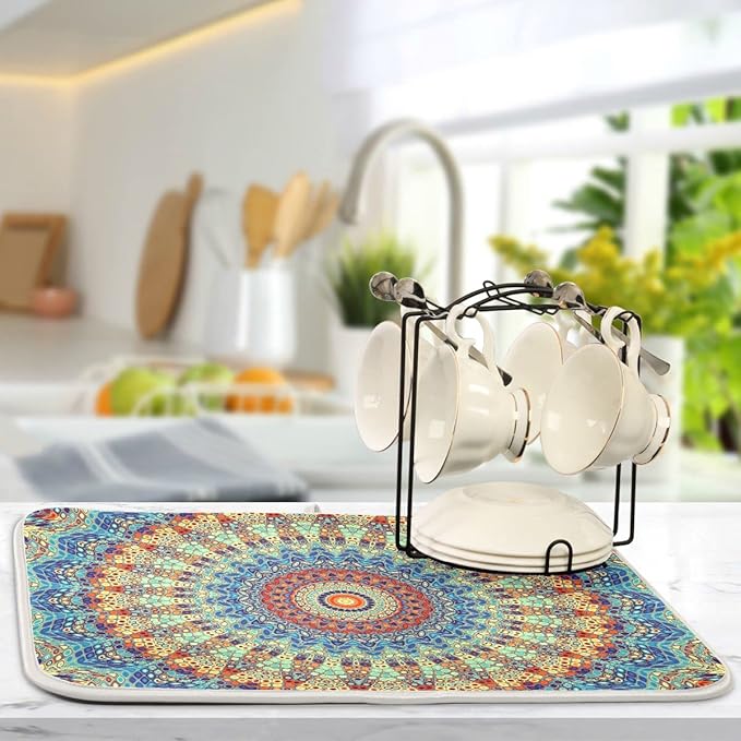 Bohemian Mandala Dish Drying Mat for Kitchen Counter Boho Ethnic Drying Mat 16 x 18 Inch with High Absorbent Reversible Microfiber Dish Drying Pad Dish Rack Pad Drainer Mat for Coffee Bar