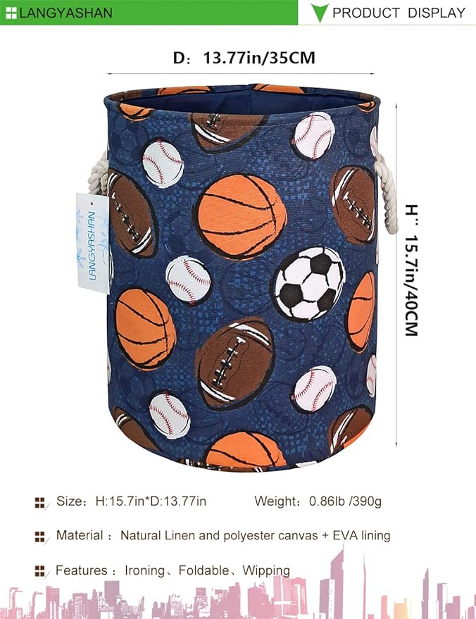 LANGYASHAN Laundry Basket Canvas Collapsible Organizer Storage Basket for Boys Girls Laundry Hamper Toy Bins Gift Baskets Bedroom Clothes Children Nursery (Navy Ball Game)
