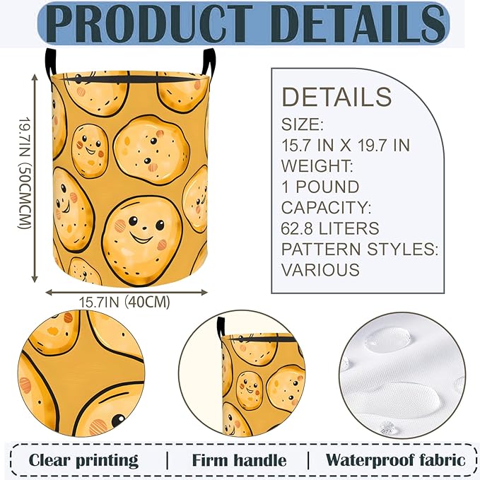 Potato Laundry Basket Hamper 19.7"x15.8", Cute Cartoon Potato Foldable Waterproof Oxford Clothes Storage Bucket for Room Bathroom Bedroom Nursery Decor, Toy Organizer Bins Gifts for Kids Boys Girls