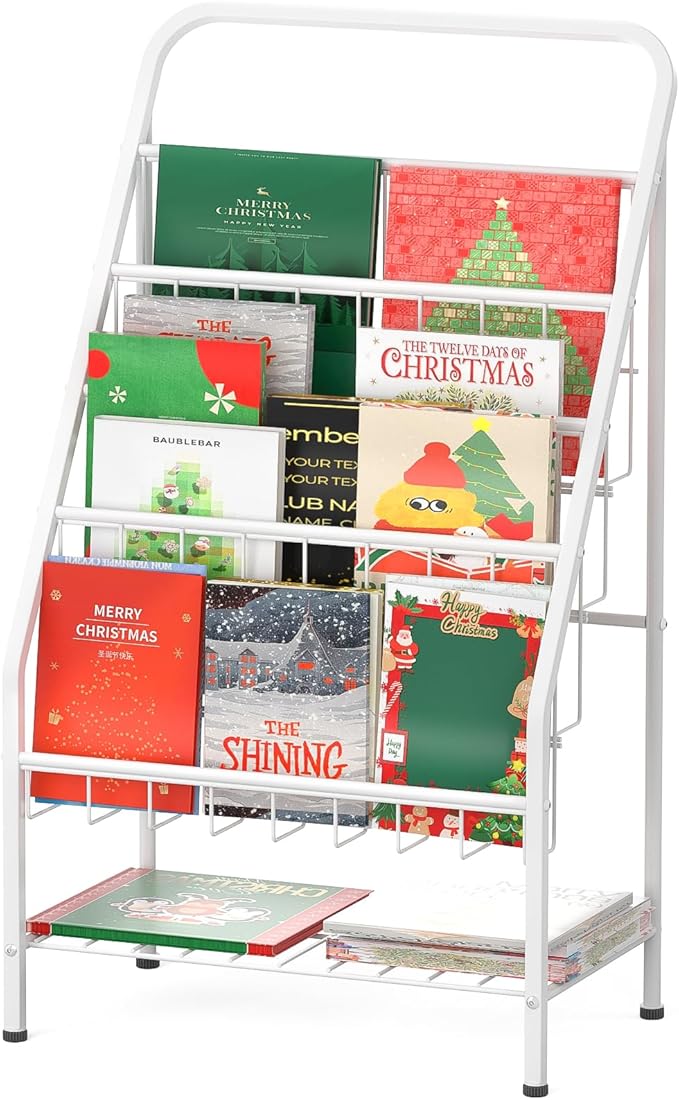 JAQ Kids Bookshelf, 4-Tier Metal Sling Kid Display Bookshelves Bookcase with Toy Storage in Baby Library Room Classroom Playroom for Toddlers Nursery Children (4-tier/28.35inch, White)
