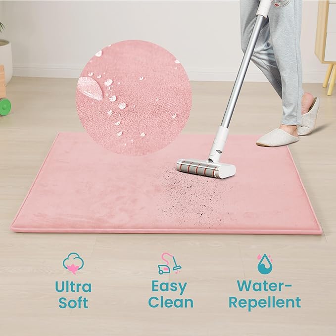 Huloo Sleep Baby Play Mat for Floor,1.3" Thick Elasti-Foam 47"×47" Playpen Mat for Tummy Time,Water Repellent Soft Coral Velvet for Toddler,Infant,Kids,Non-Slip Backing Safe for Crawling（Pink）