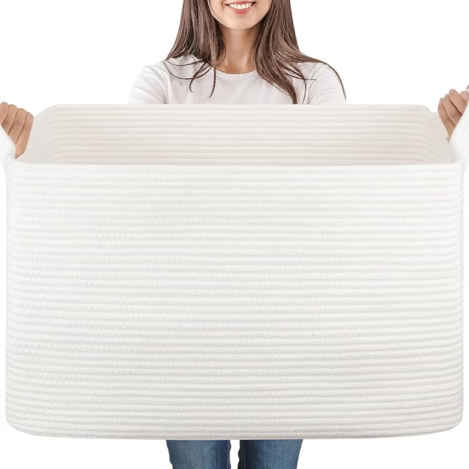 SIXDOVE 95L Large Storage Basket, Cotton Rope Woven Blanket Basket, Toy Storage for Baby Room, Living Room, 24" x 16.9" x 14.2", White