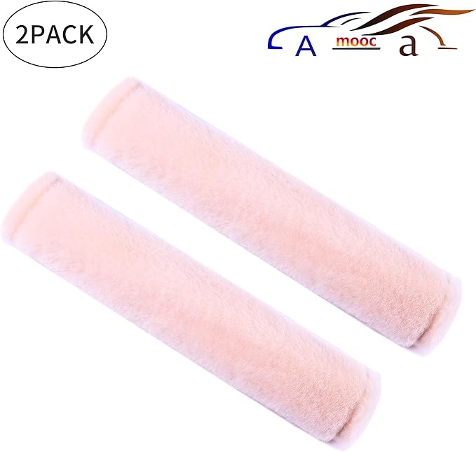 Amooca Soft Faux Fur Universal Fit Seatbelt Cover Car Truck SUV Airplane Seat Belt Shoulder Pad for Carmera Backpack Straps Neck Cushion Protector 2 Pack 10.5in Nude Pink