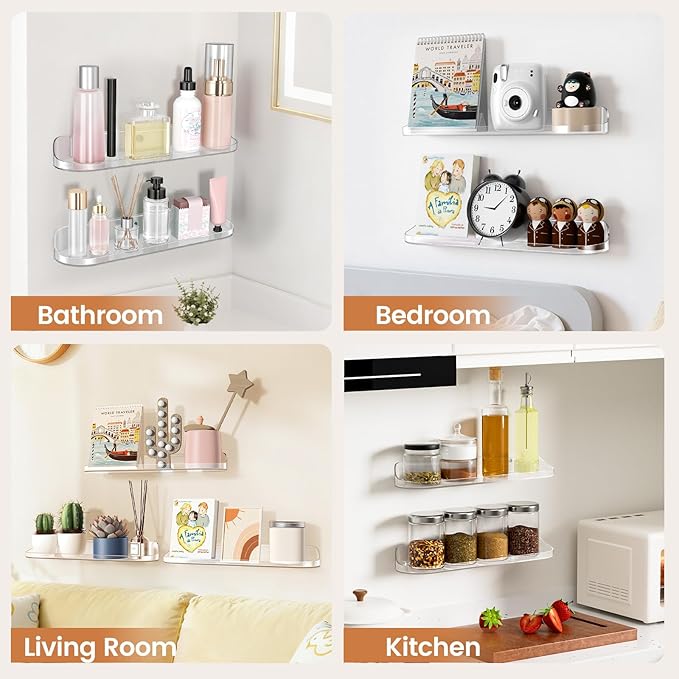 SpaceWhisper Floating Shelves for Wall, 2-Pack 15" Wall Shelves for Bathroom, Bedroom, Kitchen, Living Room, Display Hanging Shelf Organizer for Book, Picture Ledge, Figure Storage, Room Decor (Clear)