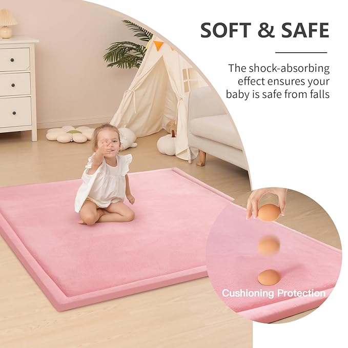 Baby Play Mat for Floor,1.3" Thick Elasti-Foam 50x50 Playpen Mat for Toddlers Infant Kids,Water-Repellent Soft Coral Velvet Tummy Time Mats,Non Slip Crawling Mats,Tatami Style(Pink)