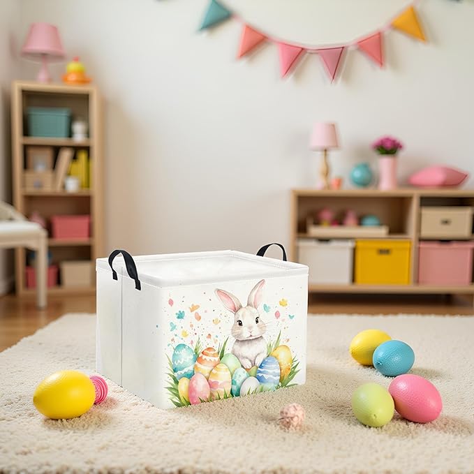 HIYAGON Rectangular Easter Basket for Kids and Girls Cute Toy Storage Organizer Bin Box Easter Egg Room Decor(Watercolor Easter)