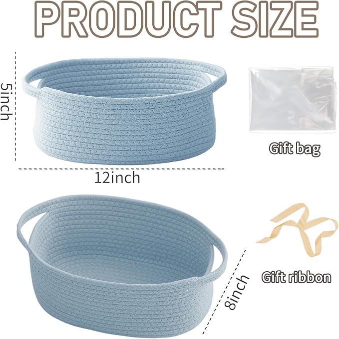 JMvicyroam Woven Basket,Small Rope Storage Bin with Handles & Ribbon Bag, Organizer for Shelves Closets,Gift Basket Empty for Birthday,Books,Dog Toys, Blue/2 Pack