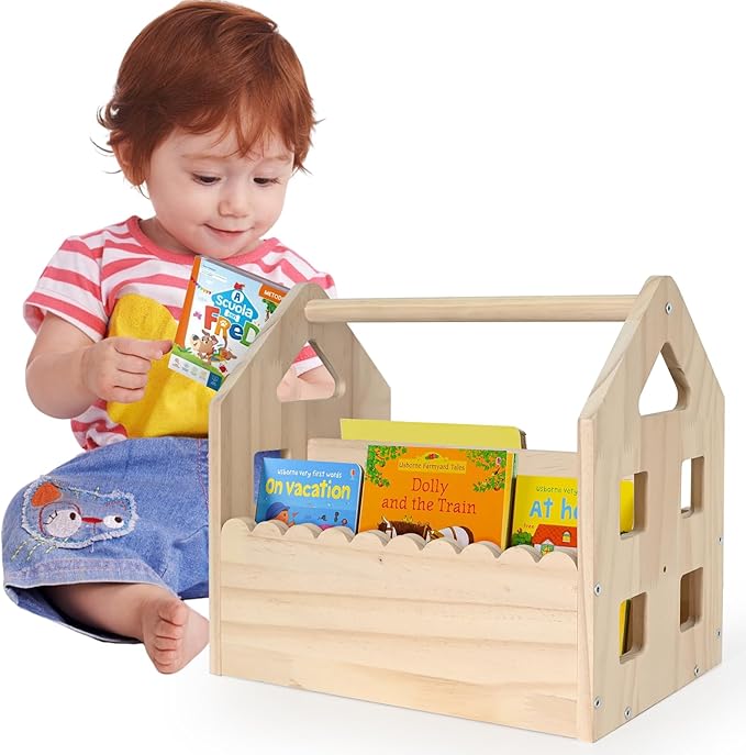 ElasignShopo Double-Sided Montessori Scalloped Bookshelf for 1-5 Years, Nursery Cute Storage for Books, House Shape Wooden Nursery Small Bookshelf, Room Furniture, Baby Bookcase 12 * 11.6 * 7.9"