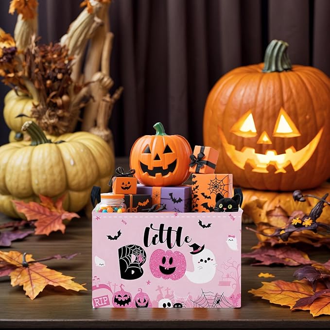 ASKETAM Halloween Basket Gift Cute Pumpkin Ghost Parties Decor Kid Trick or Treat Basket for Boys and Girls Rectangular Storage Bin Box (Pink)