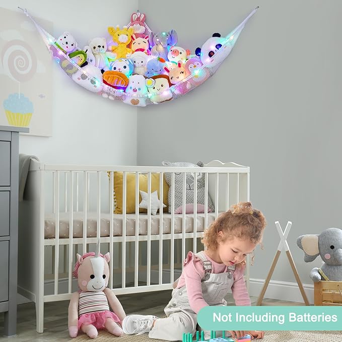 Unicorn Castle Stuffed Animals Net or Hammock Kids Toy Storage Organizer with LED Light Hanging Corner Stuffed Animals Holder Kids Girls Room Decor,White,Large (Pack of 1)