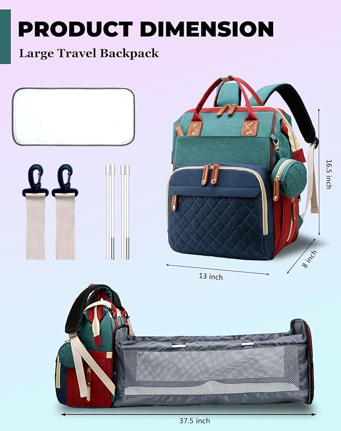 Lamroro Diaper Bag with Changing Station, Waterproof 3 in 1 Diaper Backpack with Foldable Changing Pad, Baby Registry Search &Baby Shower Gifts - Newborn Essentials, Red-Green-Blue