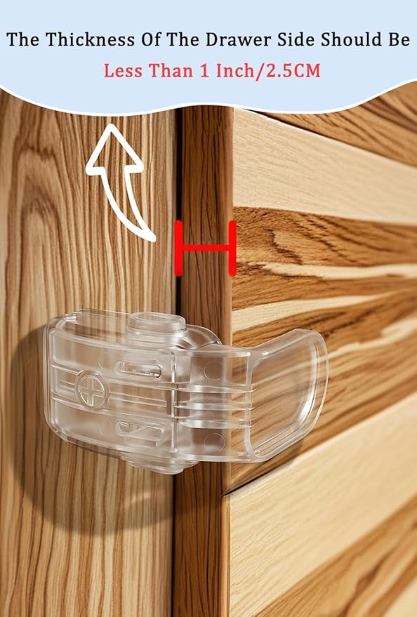 6-Pack Baby Proofing Lock For Drawer, Maveek Child Proof Locks For Corner Drawer Thinner Door Cabinet Kitchen Cupboard Dresser Fridge, Childproof Furniture Latch For 0-12 Month Infant (6 Clear)