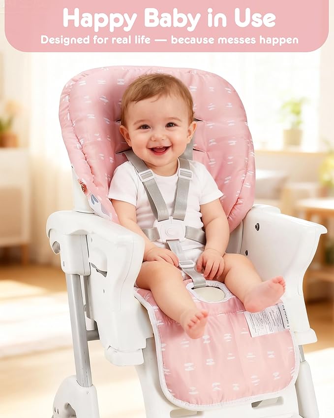 Baby High Chair Cover 2-in-1 Reversible, Includes 5-Point Harness Strap, Waterproof & Soft Dual-Side High Chair Pad Cushion, Machine Washable, Extra Thick Highchair Protector - Pink