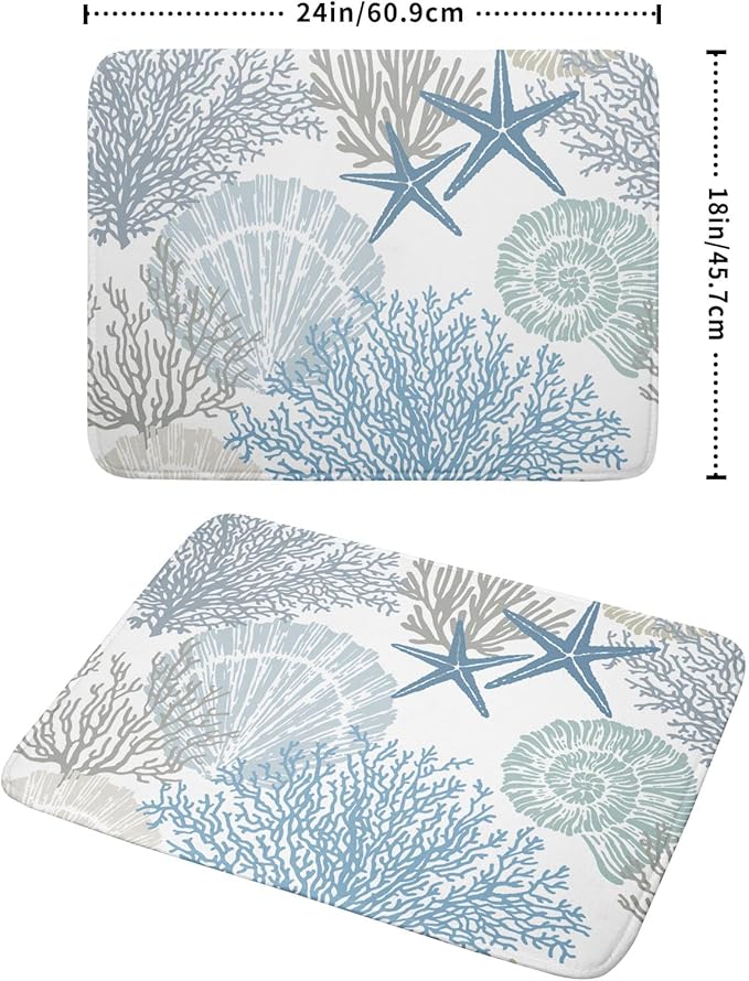 Nautical Coastal Dish Drying Mat for Kitchen Counter,Summer Ocean Themed Seashell Coral Starfish Drying Mat 18 x 24 Inch with High Absorbent Microfiber Dish Drying Drainer Mat for Coffee Bar
