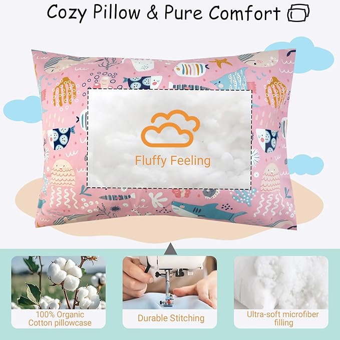 ZPECC Toddler Pillow with Pillowcase - 13x18 Organic Cotton Hypoallergenic Kids Pillow, Baby Essentials for Travel Crib Daycare Stroller (Intended for Age 2 and up) Ocean