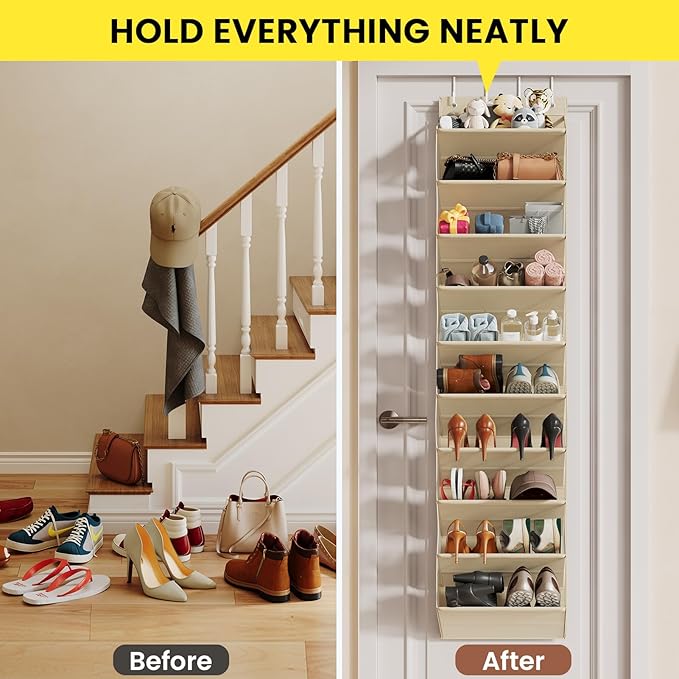 Mefirt 10 Tier Clear Over the Door Shoe Organizer with Deep Pockets, Door Shoes Rack with Hard Tube to Keep the Shape, Hanging Shoe Rack for Closet Organizers & Storage, Behind Door Shoe Holder Beige