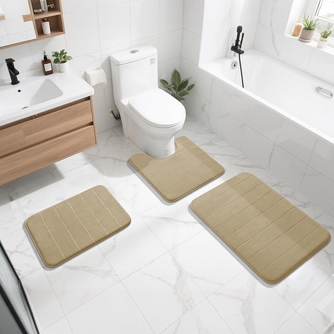 Yimobra Memory Foam Toilet Bath Mat U-Shaped, Soft and Comfortable, Super Water Absorption, Non-Slip, Thick, Machine Wash and Easier to Dry for Bathroom Commode Contour Rug, 24 X 20, Pale Khaki