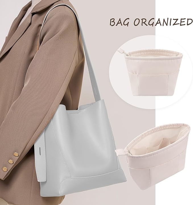 Vercord Purse Insert Organizers for Petite Tote Bag Organizer Insert Inside Handbag Shaper with Zipper Beige