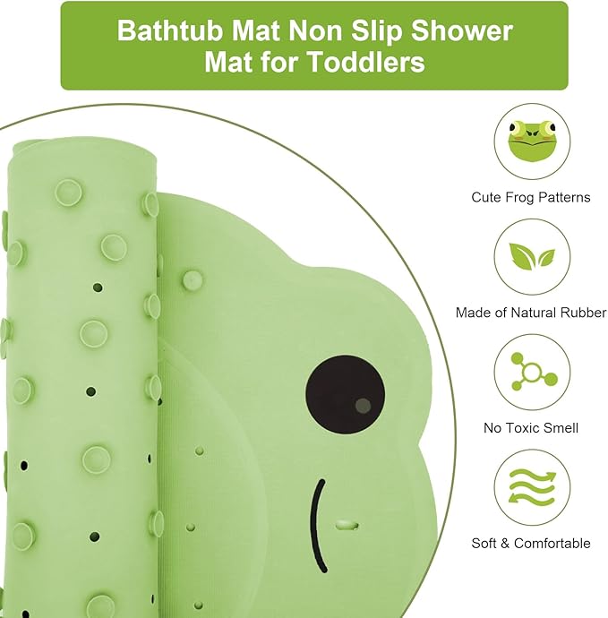 Bathtub Mat Non Slip for Baby Toddlers 30"x 18",Cute Bath Shower Mat with Frog Pattern for Tub,Washable Anti Slip Kids Bath Mat Shower Mats for Bathroom Kitchen Restroom,Green