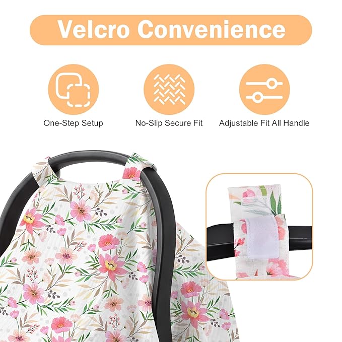 Baby Car Seat Cover - 100% Muslin Cotton Universal Breathable Canopies for Boys and Girls Soft Spring Summer Car Seat Cover Lightweight Infant Car Seat Canopy - Pink Floral