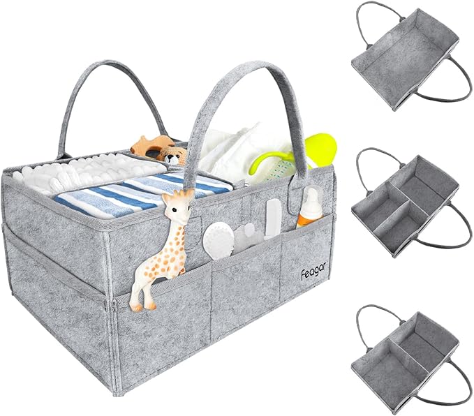 Feagar Baby Diaper Caddy Organizer, 15 Inch Large with 8 Pockets & 2 Dividers, Portable Nursery Storage Basket & Car Organizer for Changing Table, Travel (Grey)