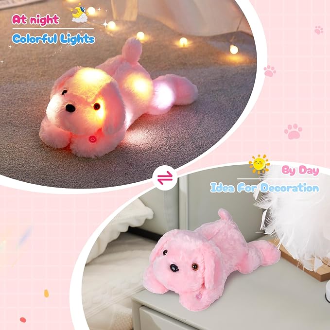 WEWILL 18'' Light up Pink Puppy Dog LED Stuffed Animal with Colorful Night Light Glow Soft Plush Toy Gifts for Kids on Christmas Birthday