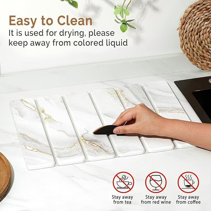 Small Stone Dish Drying Mat for Kitchen Counter, 2 PCS 16"×12" & 8"x4" Quick Dry Stone Mats, Foldable Water Absorbing Diatomaceous Earth Drying Dish Pad for Countertop Bottles Utensils Cup(Gold White)