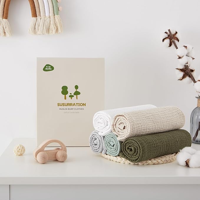 Susurration Burp Cloths Muslin 5 Pack Absorbent and Soft 100% Cotton Large Burping Cloths 23.6 * 23.6 inch, Baby Washcloths Newborn Essentials Registry-Green