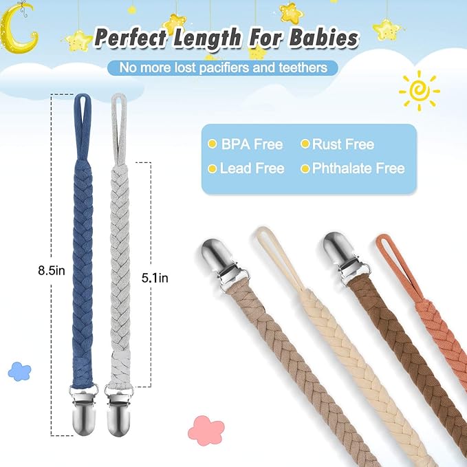 Pacifier Clip for Boys and Girls, 6 Pack Baby Pacifier Holder Leash 100% Handmade Braided Fits All Pacifiers & Teething Toys Modern Unisex Baby Gift