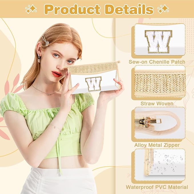 Personalized Initial Letter Bag Boho Straw Clear Makeup Bag,Small Cute Chenille Varsity Letter Bag With Zipper,Beach Travel Toiletry Bag,Portable Monogrammed Cosmetic Bag for Women Girls,W