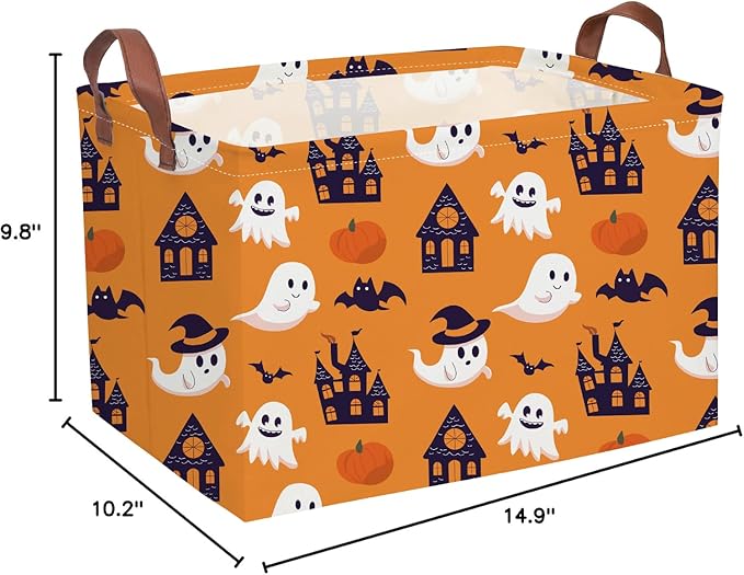 Essme Rectangular Halloween Basket,Kids Baskets Empty with Handles,Cute Baskets for Kids Halloweens Room Decor,Boys and Girls, Candy Basket(Yellow Castle Ghost)