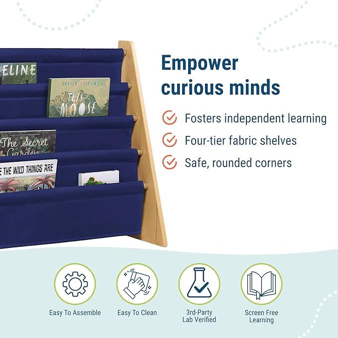 Wildkin Wooden Sling Bookshelf for Kids – Premium Canvas Design with 4 Fabric Shelves, Organizer for Home or Classroom - Natural w/Dark Blue