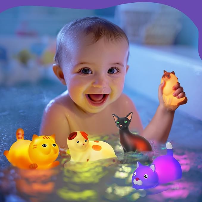 VIBOYLAR Bath Toys for Kids 1-3, 6 PCS Light-Up Cat Bath Toy Set, Baby Toddler Bath Toys, Bathtub Pool Bath Toy for Kids, Christmas Birthday Gifts for Boys & Girls Ages 1 2 3+ Years Old