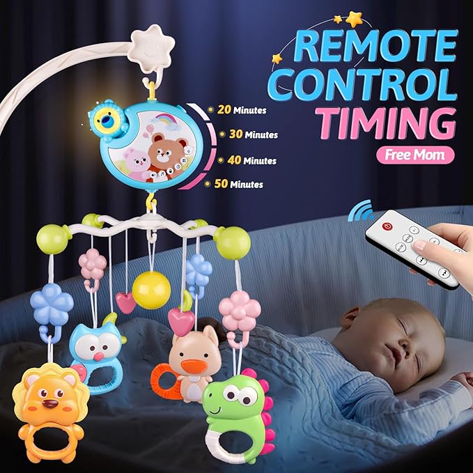 Crib Mobile with Music and Lights, Baby Mobiles for Cribs, Nursery Musical Mobile for Bassinets Toys Hanging Girls Boys, Pack and Play Space Portable Animal Mobile Hanger Arm Clip On Attachment