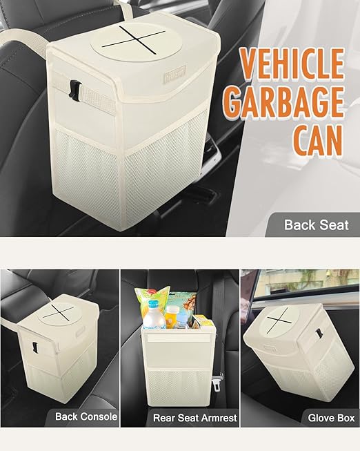 Car Trash Can with Lid, Cute Leakproof Car Trash Garbage Bag Hanging Vehicle Trash Bin Small Portable Automotive Garbage Cans Organizer for Back/Front Seat(Trapezoid,Ivory