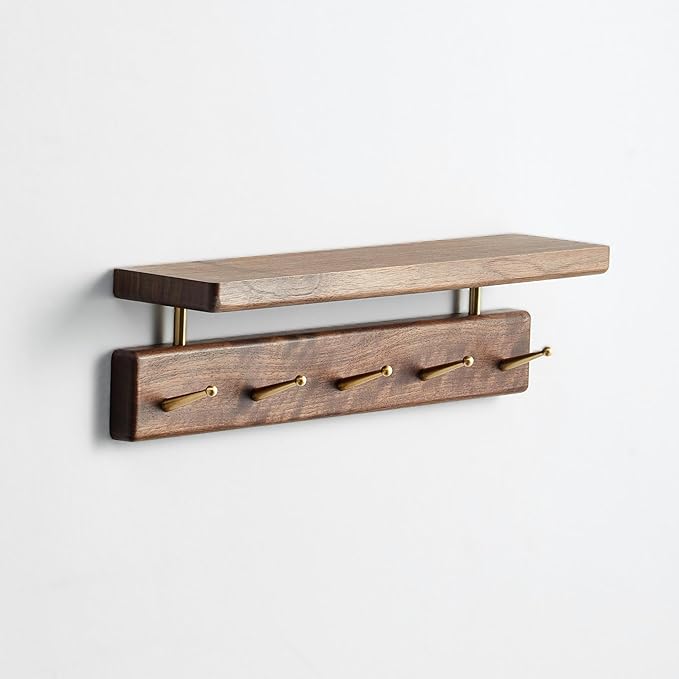 Mayhas Solid Wood Shelf with Hooks, 15 inch Coat Rack Wall Mount, Shelves with 5 Brass Hooks for Hanging in Entryway, Living Room, Bathroom, Bedroom, Kitchen(Walnut)