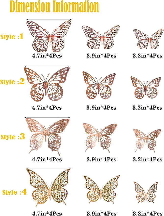 JOSDIOX 3D Reflective Dot - Patterned Gold & Gold Rose Butterfly Wall Stickers - 24 Pcs with 4 Styles & 3 Sizes, Removable Decor for Party Birthday Wedding Cake Balloon Decoration (Golden/Rose)