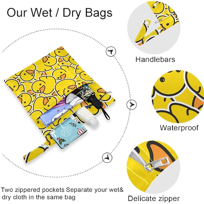 visesunny Cute Yellow Duck Cartoon Animal 2Pcs Wet Bag with Zippered Pockets Washable Reusable Roomy for Travel,Beach,Pool,Daycare,Stroller,Diapers,Dirty Gym Clothes, Wet Swimsuits, Toiletries