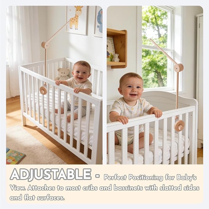 Natural Wooden Crib Mobile Arm – Foldable & Adjustable Baby Mobile Holder, Smooth Beech Wood Mobile Hanger with 360° Rotation, Easy Attachment for Nursery Decor & Newborn Cribs