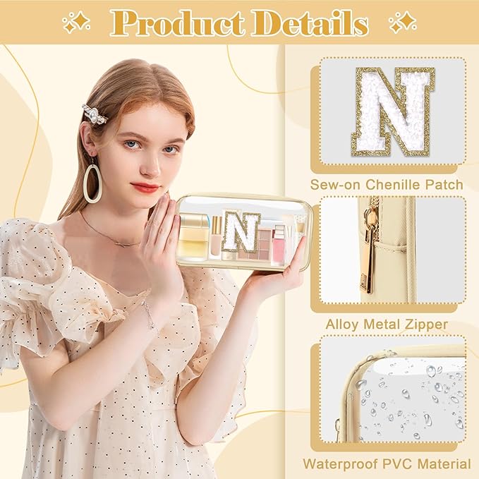 Personalized Initial Letter Clear Makeup Bag,Preppy Small Nylon&PVC Cosmetic Zipper Bag with Chenille Letter,Portable Beach Travel Skincare Toiletry Bag,Trendy Monogram Gift for Teen Girls Women,N