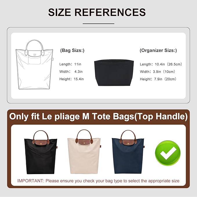 Premium Felt Purse Organizer Insert for Longchamp Le Pliage M Top Handle Tote Bag, Lighweight Long Champ Medium Tote Divider with Zipper Pocket,Bags Storage Shaper with 7 Pockets, Black/SM