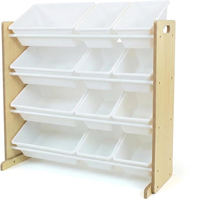 Humble Crew Toy Storage Organizer with 12 Removable Storage Bins for Kids Playroom, 4-Tier Toddler Toy Organization, Natural/White