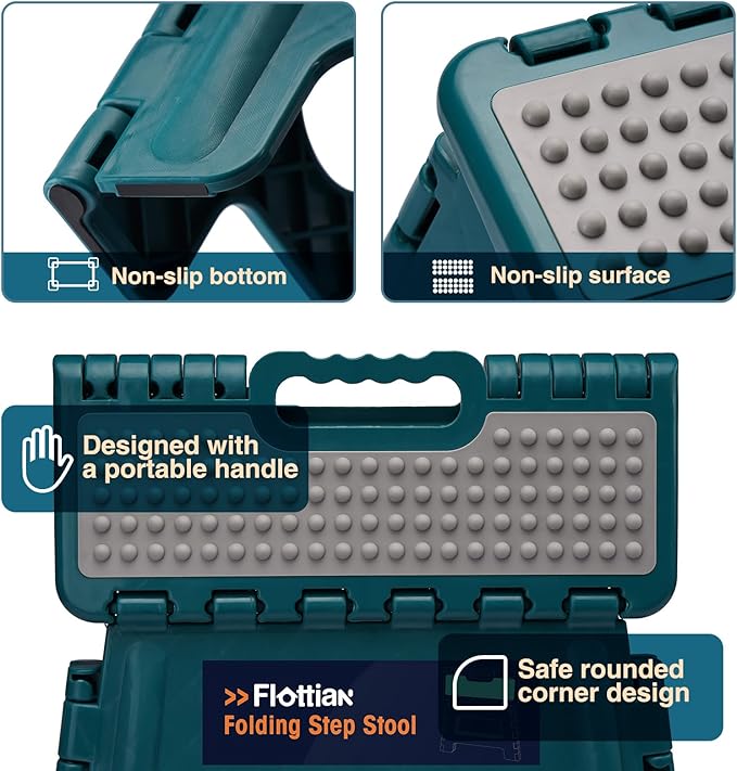 Flottian 11" Folding Step Stool for Adults and Kids Holds Up to 300 lbs,Non-Slip Folding Stools with Portable Handle, Compact Plastic Foldable Step Stool for Bedroom, Kitchen Turquoise Green,1PC