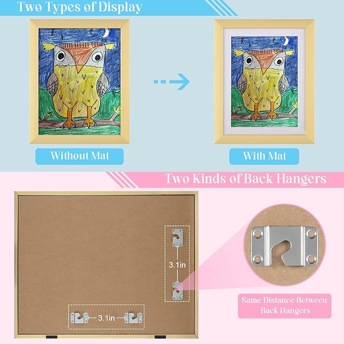 [2 Pack] Kids Art Frames, 10x12.5 Front Opening Kids Artwork Frames Changeable, Displays 8.5x11 With Mat and 10x12.5 Without Mat, Holds 50 Pcs, for 3D Picture, Crafts, Hanging Art, Portfolio Storage
