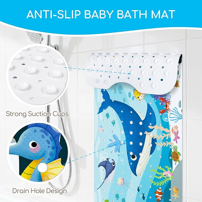 Omedecal Baby Bath Mat for Tub, Non Slip Kids Bath Shower Mat, 40 X 16 Inch Large Bathtub Mat with Drain Holes and Suction Cups for Toddlers, Machine Washable and Waterproof (Whale)