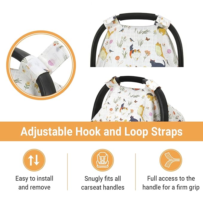 Metplus Car Seat Cover Baby, 100% Muslin Cotton Infant Carseat Covers for Boys and Girls, Lightweight Breathable Canopy, Summer Stroller Sun Shade, Newborn Travel Essentials(Cat)