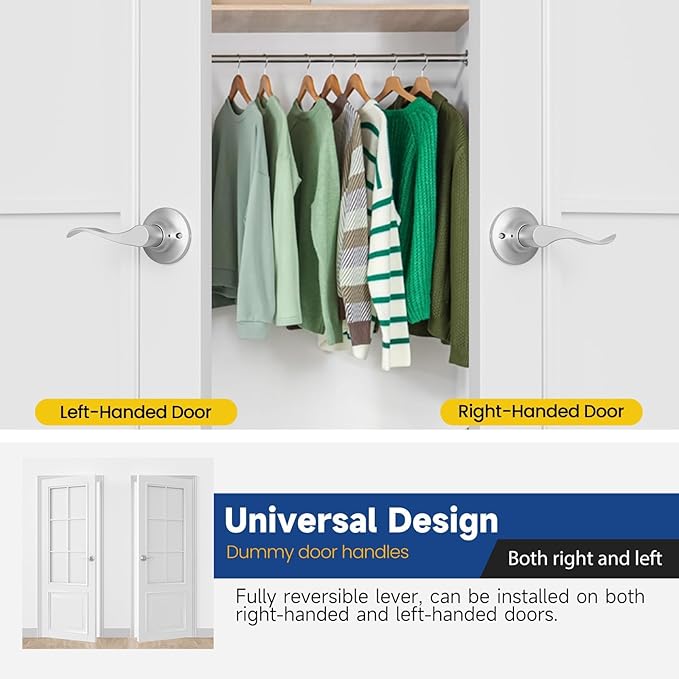 Dummy Door Handles, Interior Closet Door Handle, Door Levers Wave Style Satin Nickel, 2 Pack