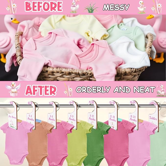 Baby Closet Dividers 8PCS, Pink Goose Themed Wooden Double-Sided Clothes Size Hanger Organizer from Newborn to Toddler for Nursery Decor Baby Shower Birthday Gift