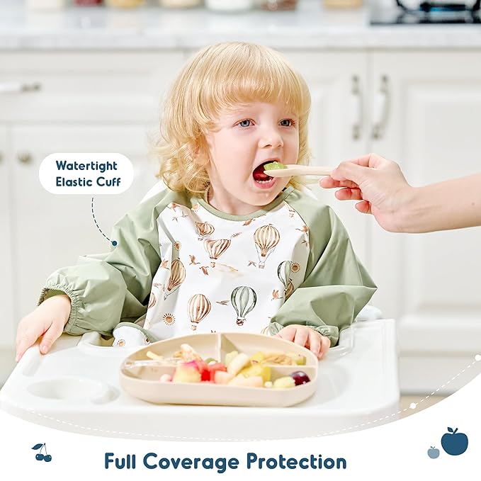 GRSSDER 2 Pack Long Sleeve Baby Feeding Bibs, Super Soft Lightweight Waterproof Coverall Baby Led Weaning Bib with Large Food Catcher Pocket, Adjustable and Easy Clean for 6-30 Months