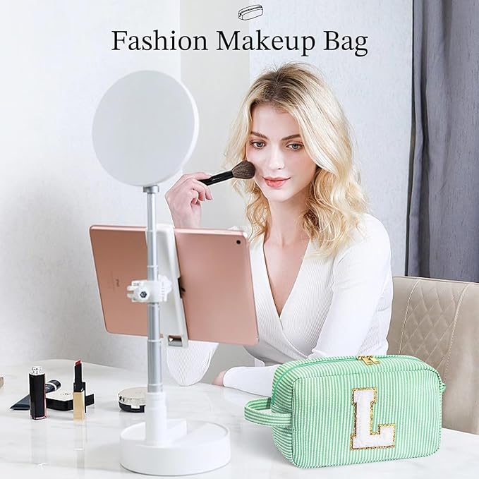 YOOLIFE Initial Cosmetic Bag for Women - Monogram Cute Makeup Bag Cosmetic Case Toiletry Pouch for Women Her Best Friend Sister Teacher, Personalized Birthday Gifts for Women, Light Green P